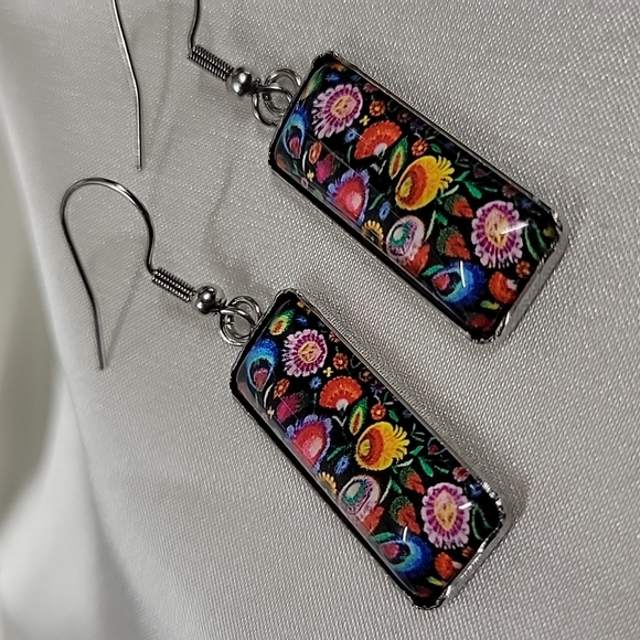 Polish Folk Art Cabochon Style Drop Earrings - Picture 5 of 6